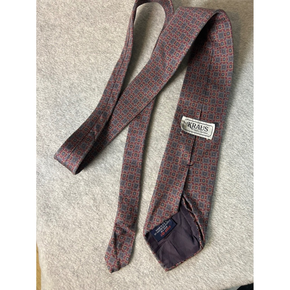 Kraus Mens Clothier Silk Tie Red Blue‎ Geometric Medallion Made in USA Vintage